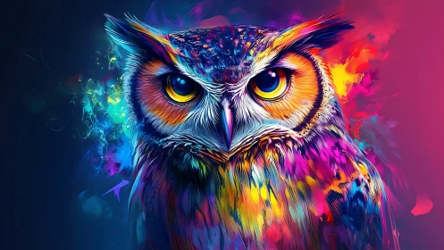 Neon twilight owl glowing with bold electric colors.