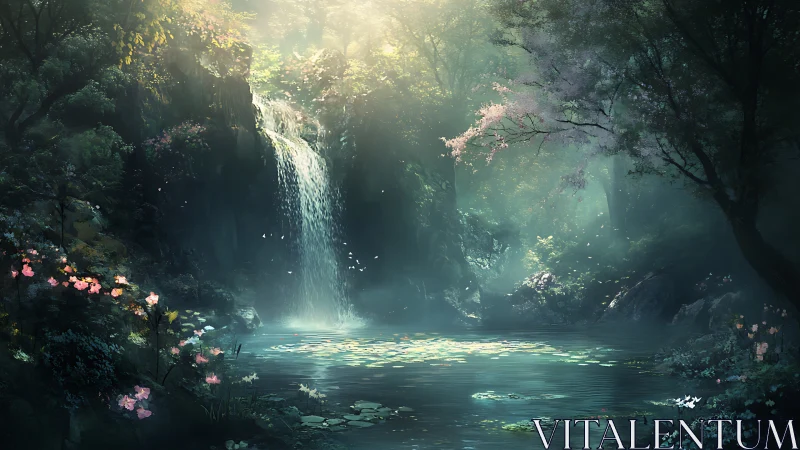 Mystic forest waterfall over tranquil lily pond at dawn.