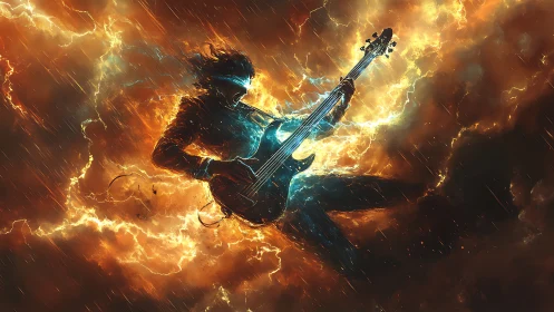 Silhouetted electric guitarist appears amid glowing storm clouds