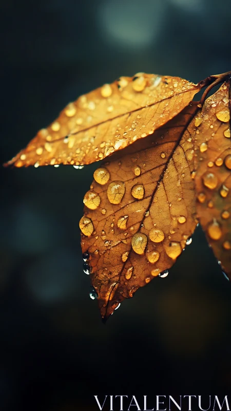 Rain-kissed autumn leaves glow softly against dark bokeh
