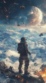 Solitary astronaut surveys burning alien battlefield sky