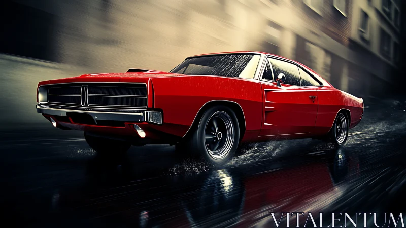 Red muscle car speeding through wet city street at night.