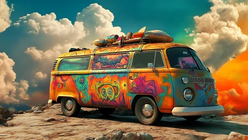 Psychedelic microbus under cinematic clouds on rocky plateau.