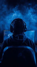 Midnight coder emerges in neon blue digital storm glow.