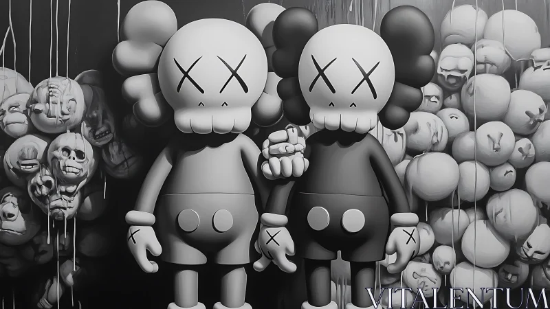 Monochrome toy figures stand before dripping skull wall.