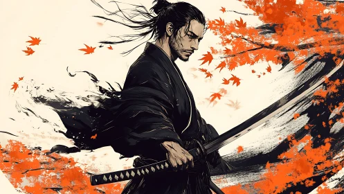 Samurai swordsman stands amid swirling orange autumn leaves