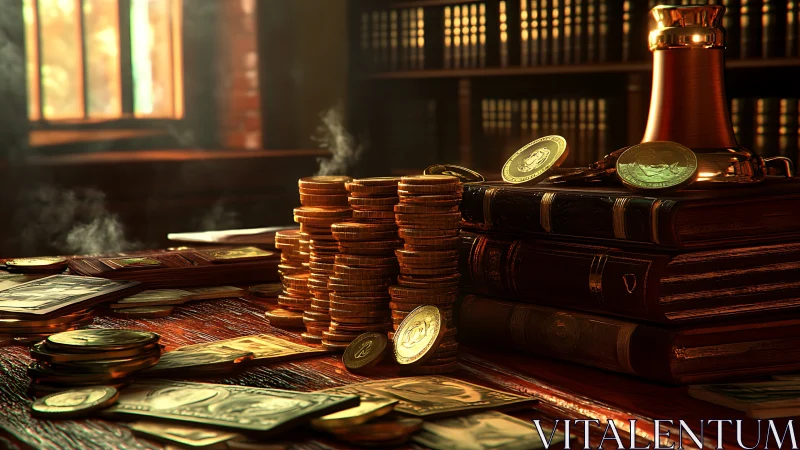 Gold coins and vintage ledgers under warm cinematic light.
