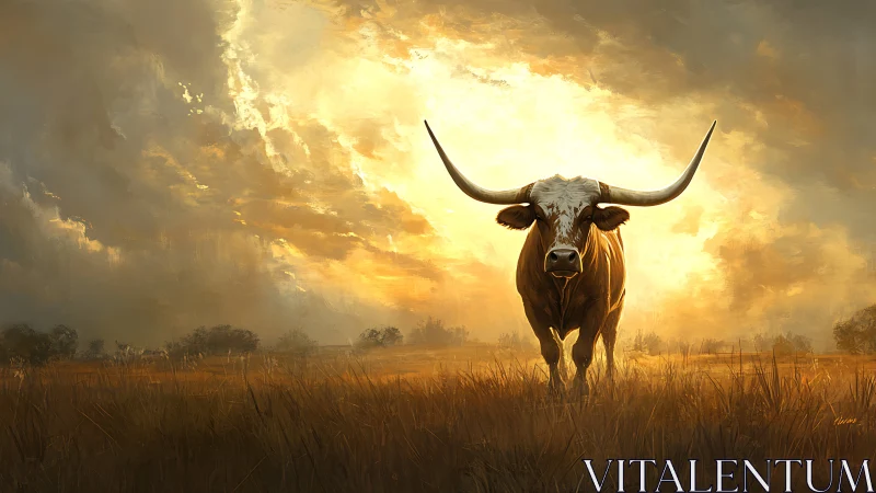 Longhorn bull stands against blazing golden sunset sky