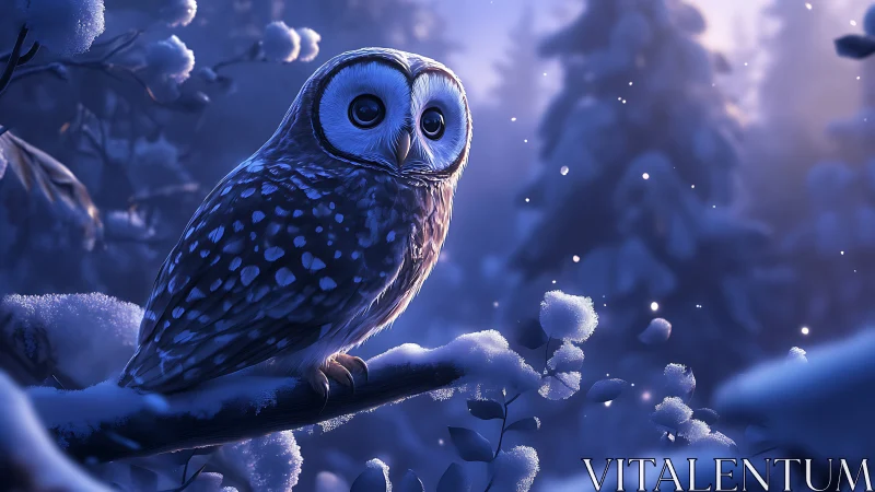 Majestic owl perched on snowy branch in magical winter forest scene.