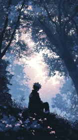 Solitary ninja rests beneath luminous forest canopy.
