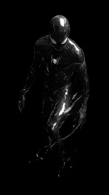 Black-suited spider-themed figure in high contrast lighting.