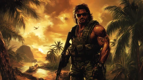 Armored commando dominates sunset jungle combat vista