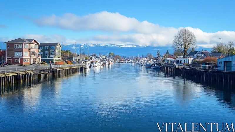 Harbor canal framed by coastal housing under bright alpine sky