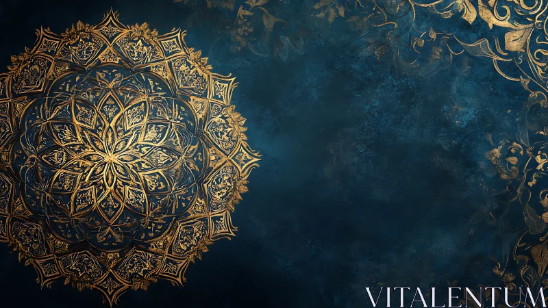 Golden mandala ornament fills left side of dark blue panel