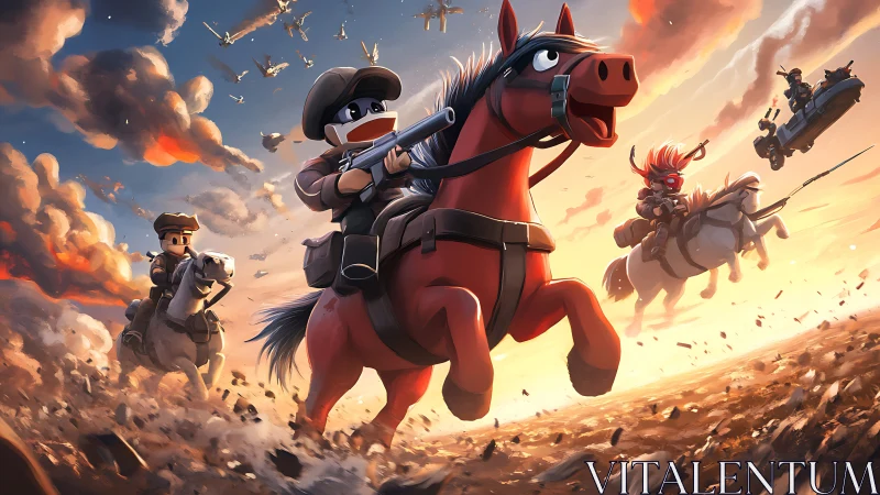 Cartoon cavalry charge storms battlefield under burning sky.