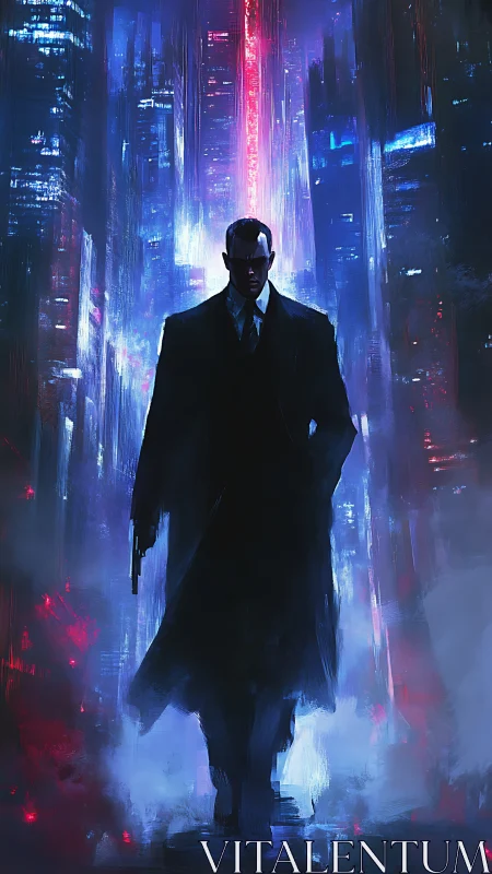Neo-noir agent walking through neon-soaked cyber cityscape.