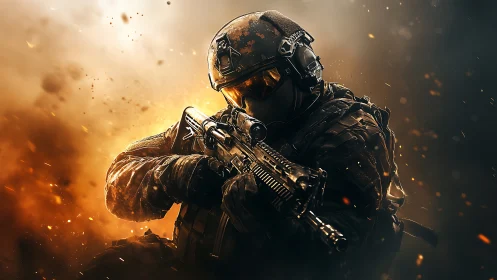 Tactical soldier aims rifle amid explosive backlight.