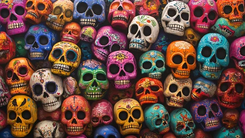 Vibrant Día de Muertos sugar skull wall in saturated colors.