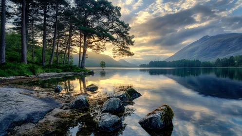 Mountain lake sunrise reflects pines and distant peaks