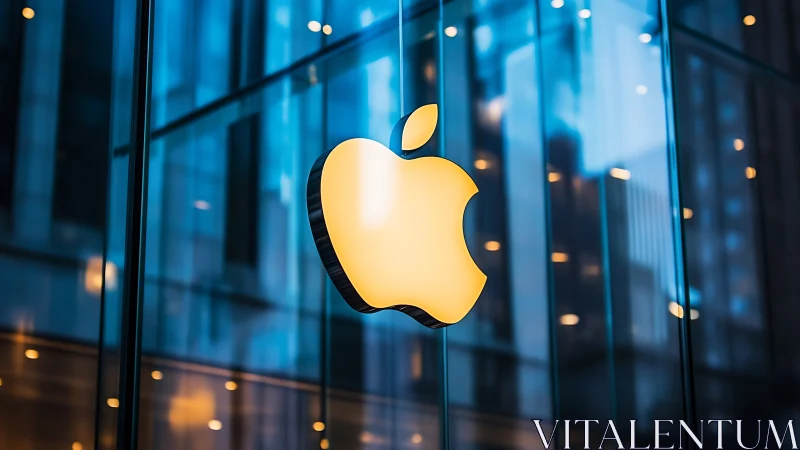 Illuminated apple-shaped logo hangs before glass facade