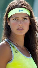 Focused young tennis athlete in neon sportswear portrait.