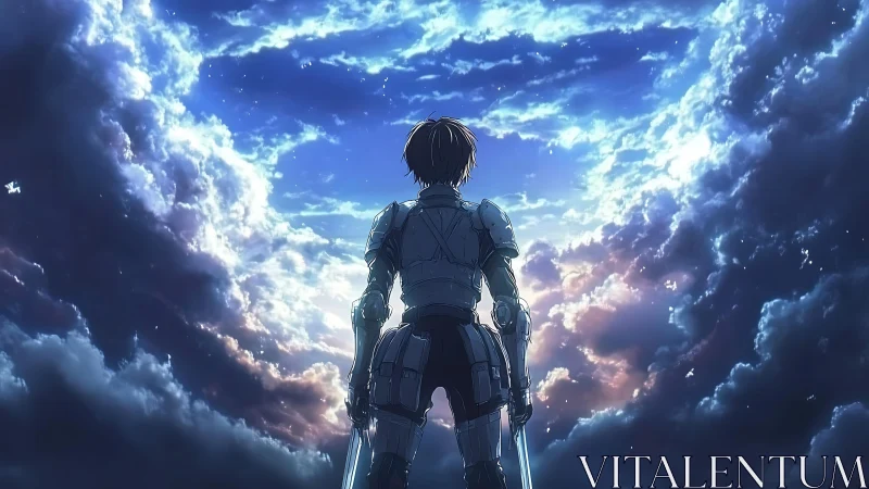 Backlit armored figure surveying stratified luminous sky.