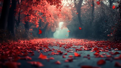 Red autumn leaves scattered across a quiet forest road.