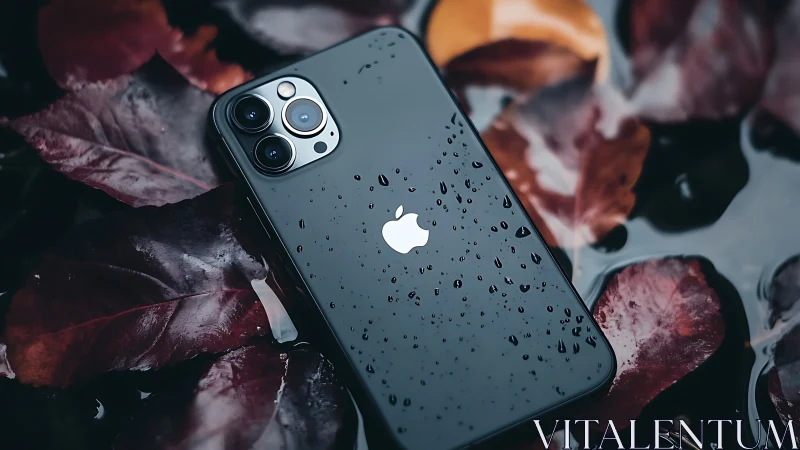 iPhone 13 Pro with water droplets on autumn leaves.