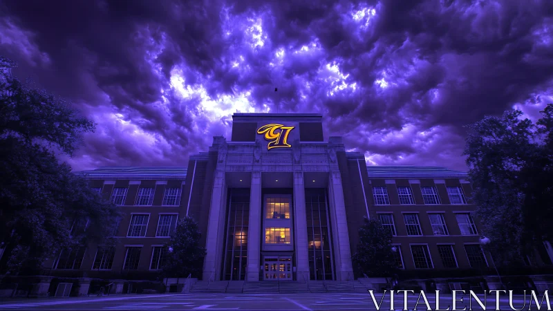 University building under heavily color-graded storm clouds