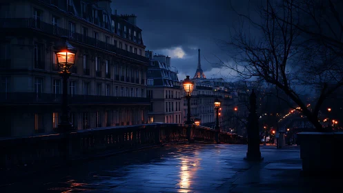 Moody Paris street at night with Eiffel Tower skyline glow.