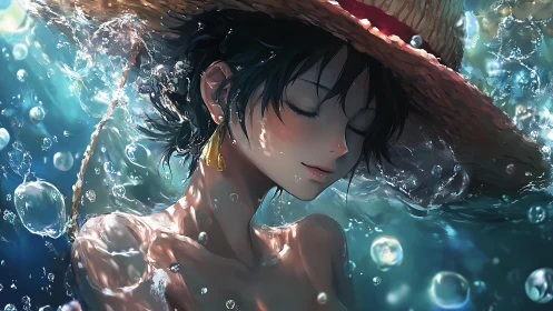 Anime aquatic portrait with luminous underwater bokeh rendering.