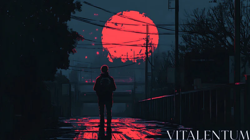 Neon red moon over solitary figure in rainy alleyway.