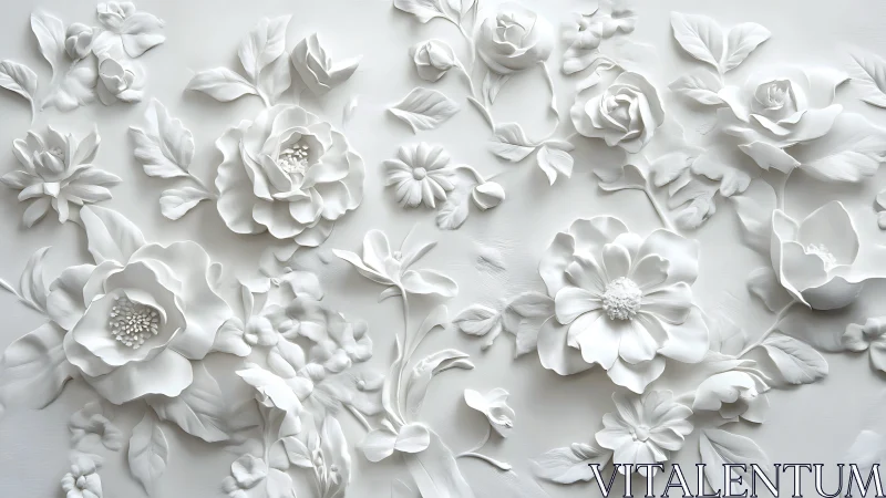 White Floral Relief Sculpture: Dimensional Botanical Composition