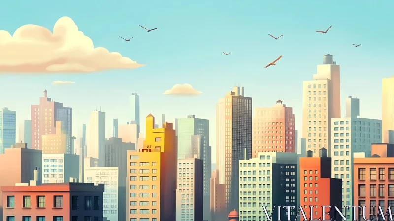 Stylized city skyline shows midrise towers under clear sky