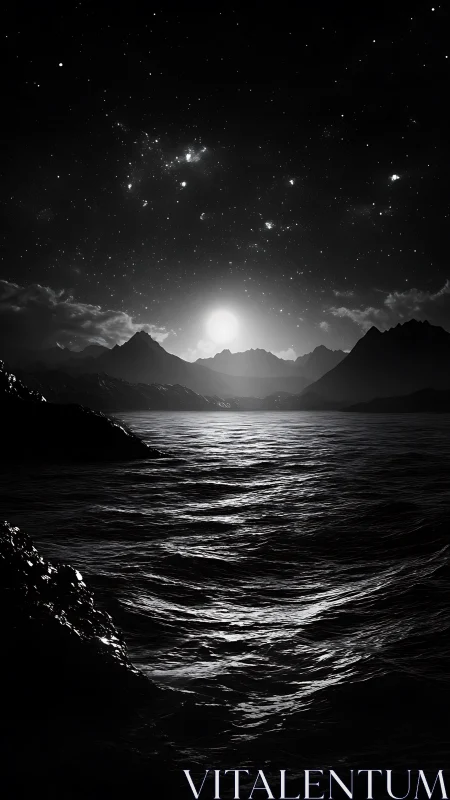 Starlit ocean horizon glows softly beneath distant peaks