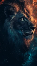 Majestic lion emerges from cosmic fire and shadow glow