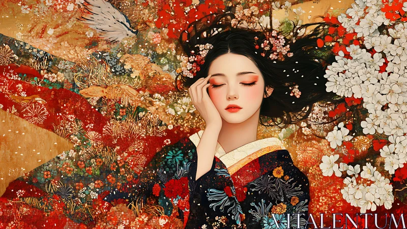 Dreaming kimono maiden rests in a blossom-filled sunset reverie