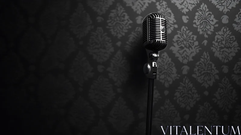 Vintage cardioid microphone on stand against damask wall