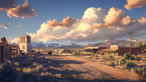 Sunlit frontier main street dreaming under wandering clouds.