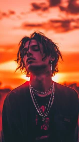 Moody portrait of young man at vivid red sunset sky.