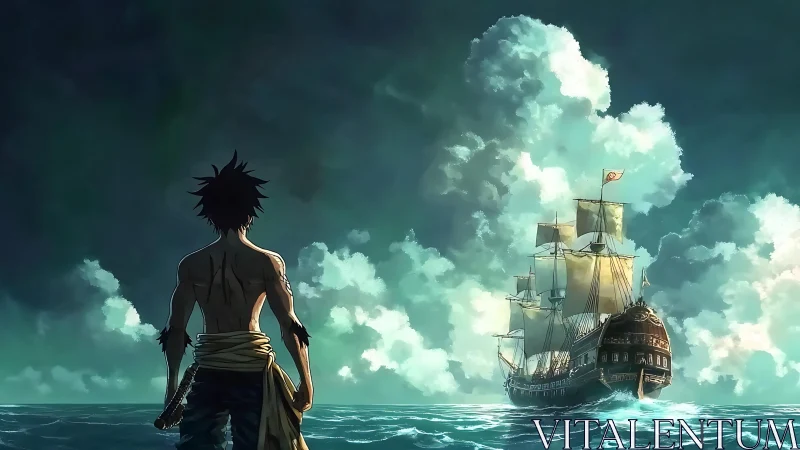 Backlit sailor studies a luminous galleon under towering clouds