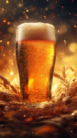 Pint glass holds amber beer amid wheat and glowing bokeh