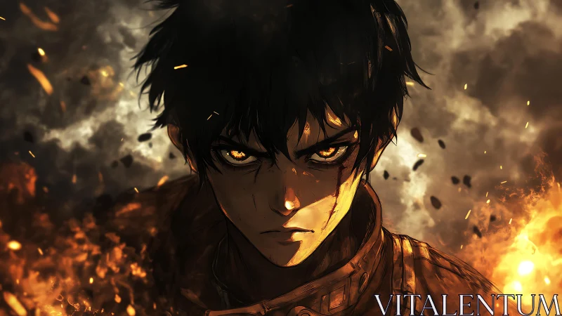 Storm-eyed anime hero walking through embers and smoke.