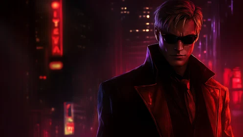 Midnight stranger walks through neon city shadows in style
