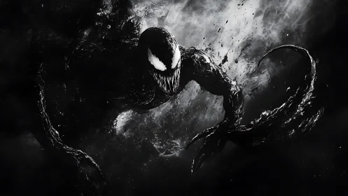 Sinister black symbiote lunges through swirling darkness.
