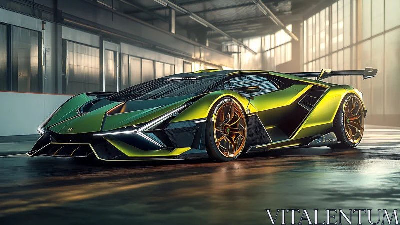 Futuristic green supercar render is parked in industrial hall