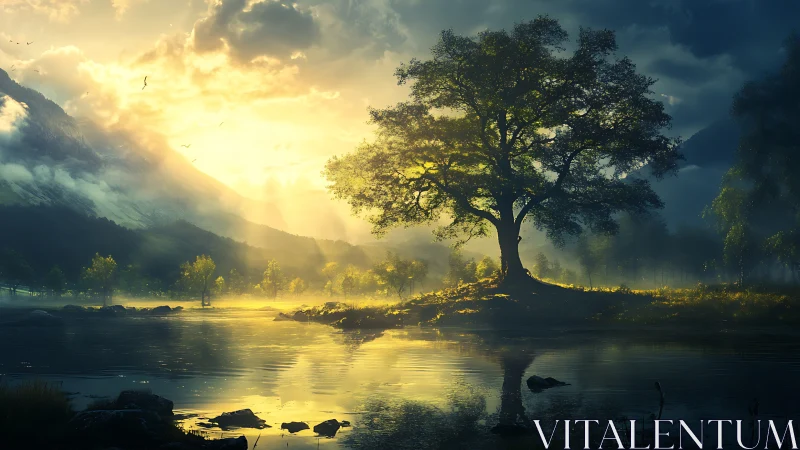 Solitary lakeside tree in cinematic backlit sunrise glow.