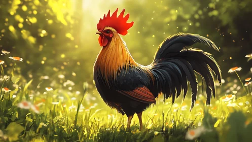 Golden Hour Rooster: Digital Pastoral with Luminous Bokeh.