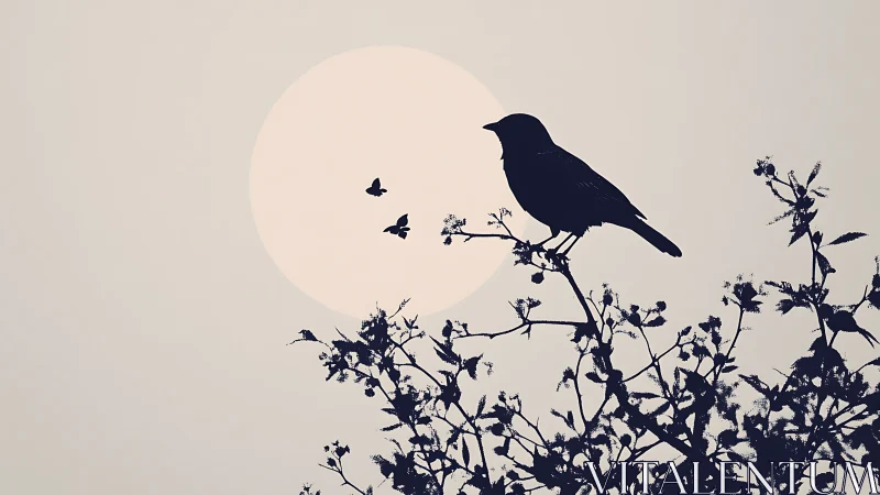 Silhouette of Bird on Branch at Sunset with Flying Butterflies.