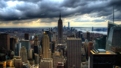 Storm-lit New York skyline frames towering midtown core.